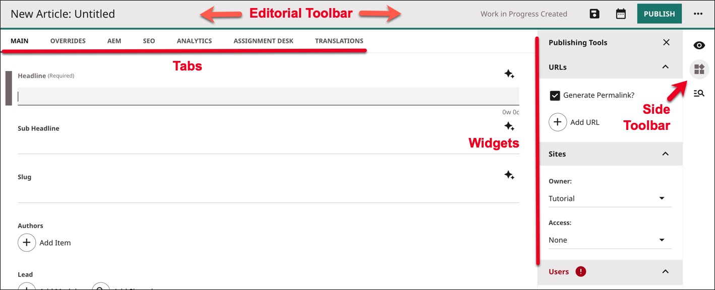 Content edit page that includes the side toolbar. In Brightspot versions prior to v4.8, the widgets in the side toolbar are visible by default.