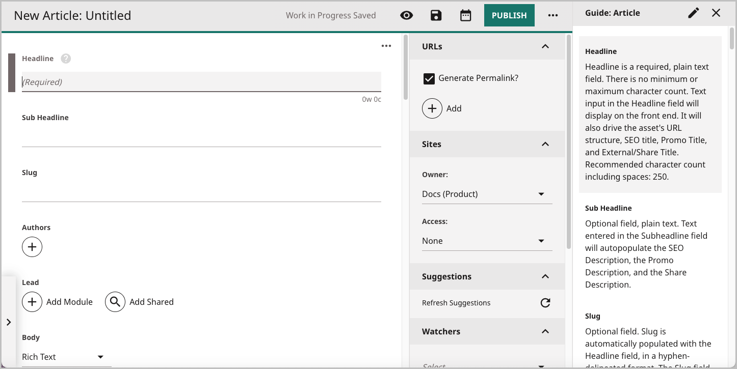 An example of production guides available on a content edit page