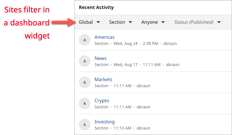Sites filter in dashboard widget