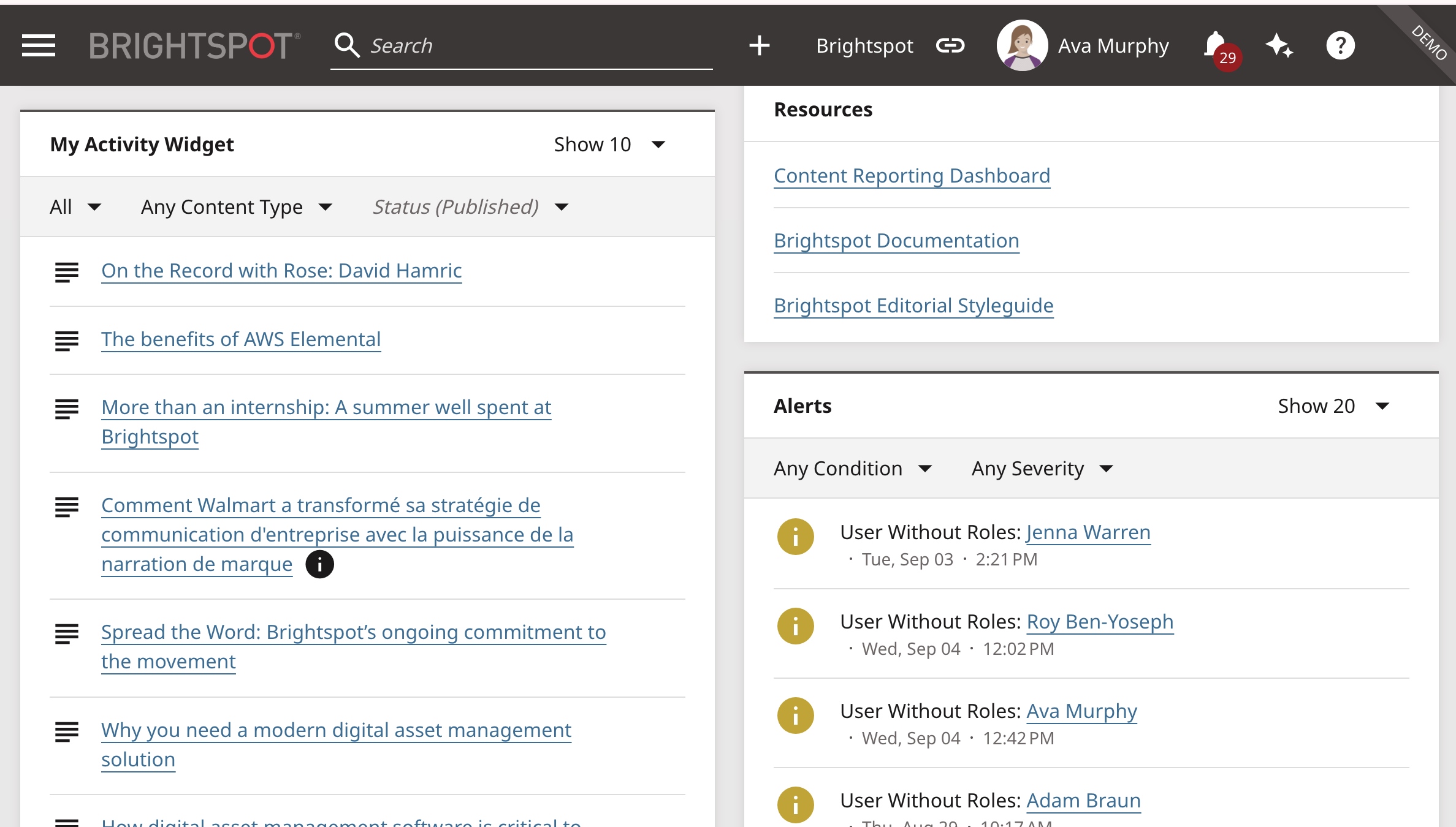 My Activity Widget on Dashboard