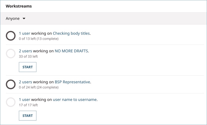 Workstreams widget on dashboard