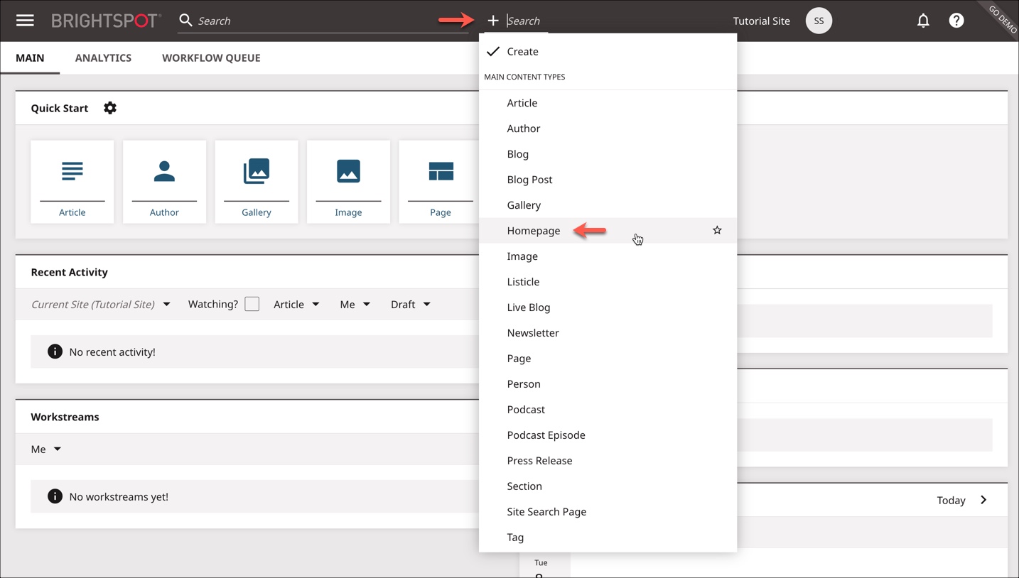Select Homepage from the list of available content types