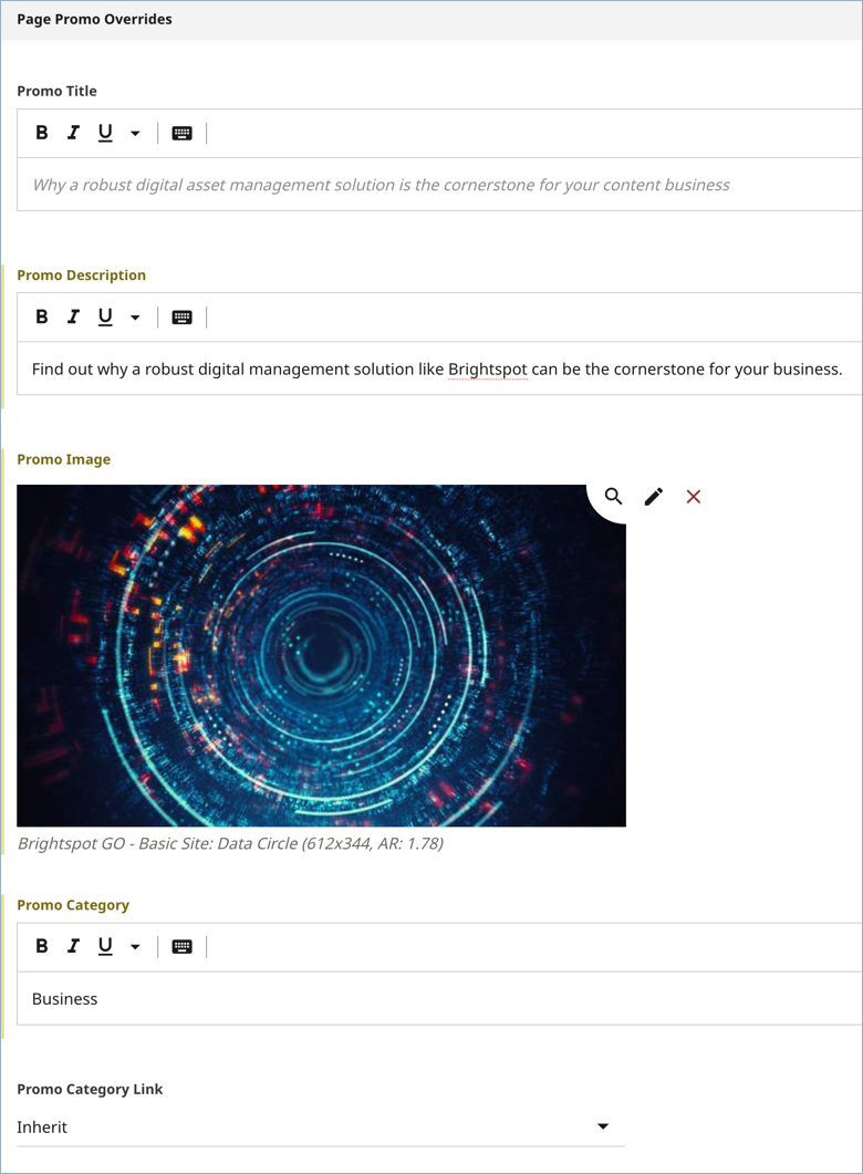 Data fields in the Page Promo Overrides Cluster that is sent to Sailthru