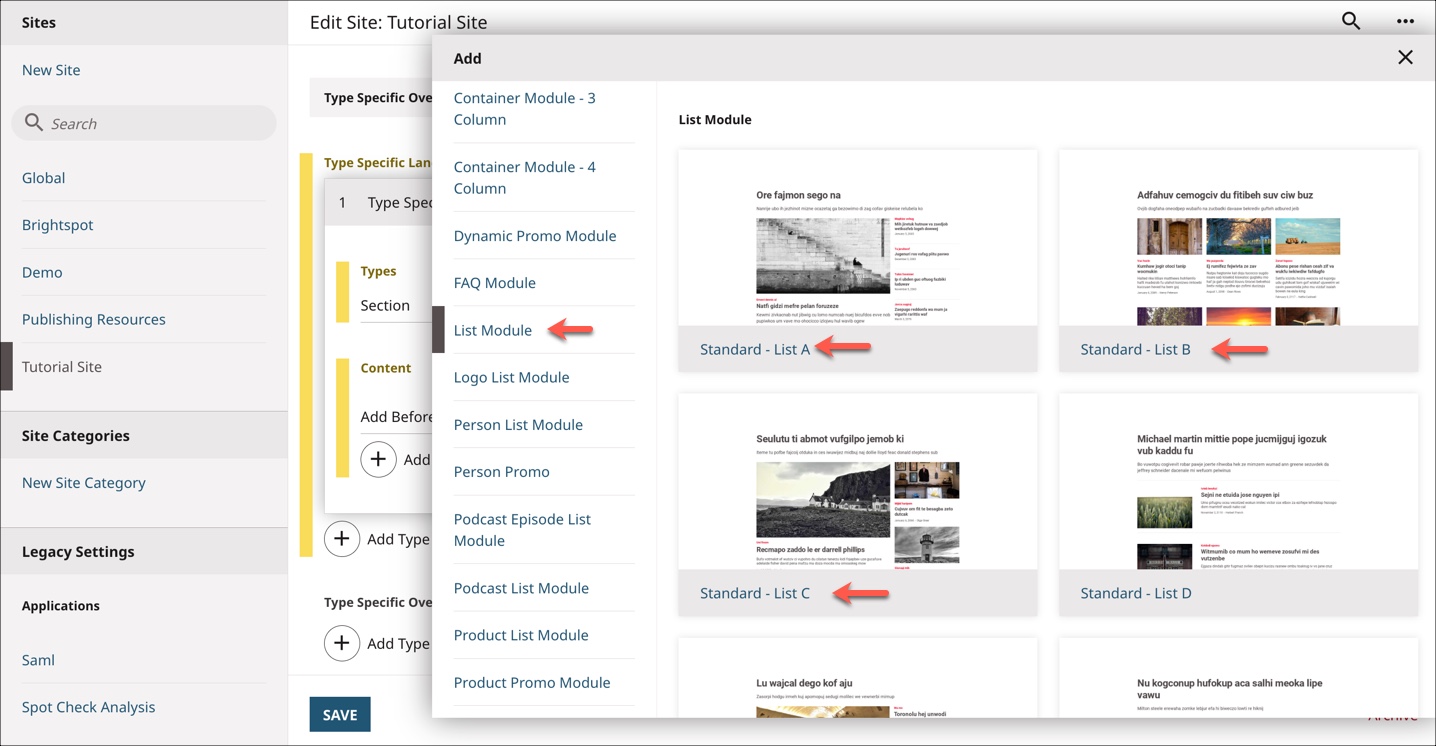 Select the desired list module