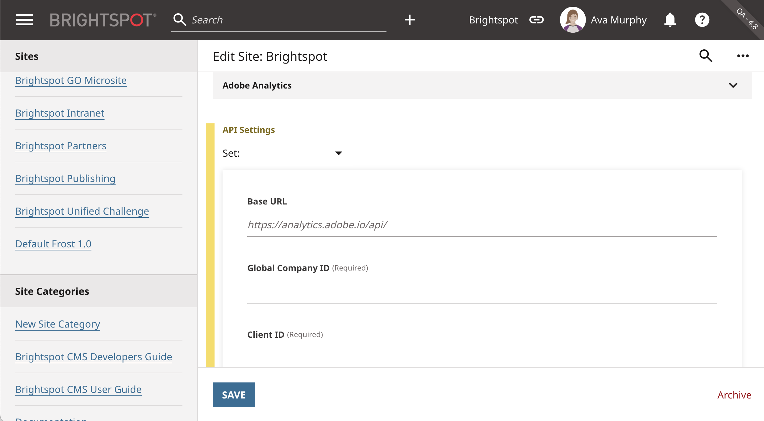 Adobe Analytics Integration: API Settings