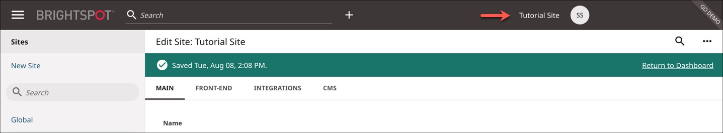 Header showing the site in which you are working