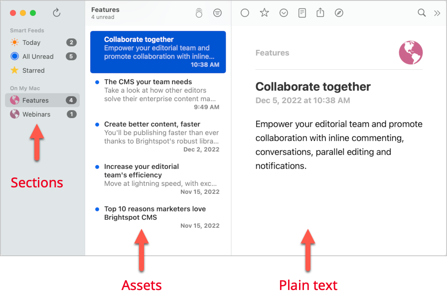 Section feed in an RSS reader