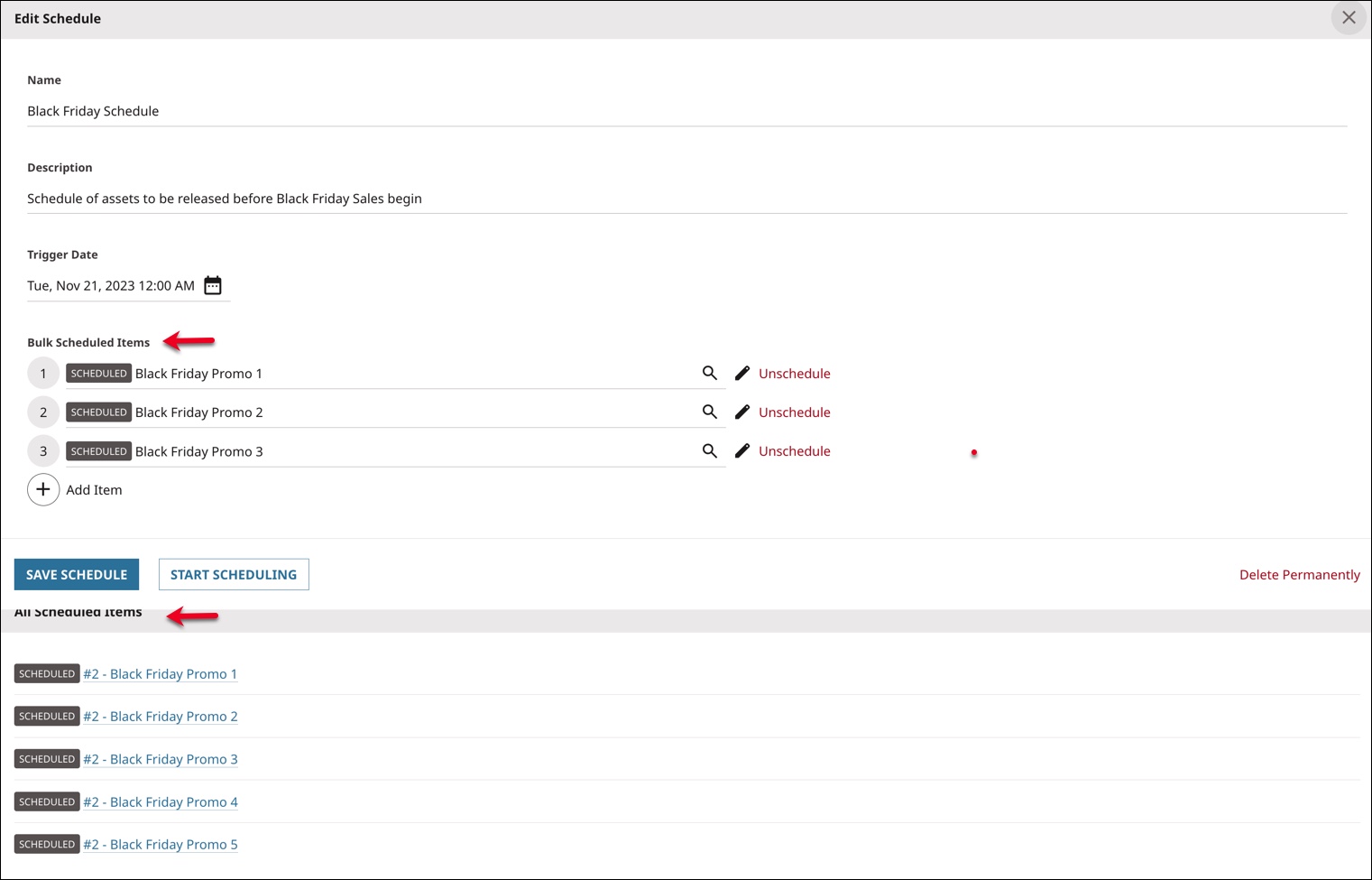 Scheduled items on the Edit Schedule pop-up