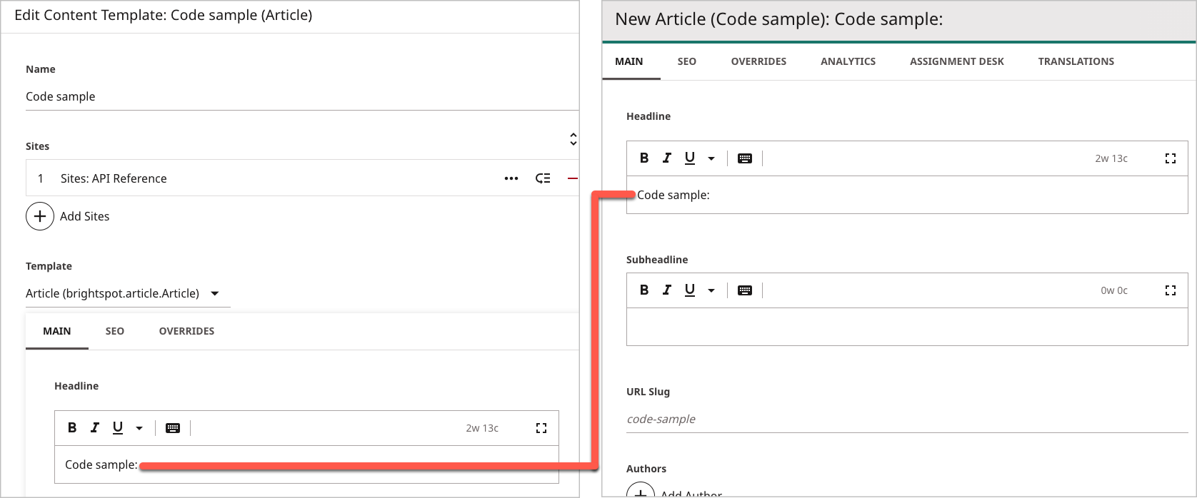 Code sample template (applied at site level and user)