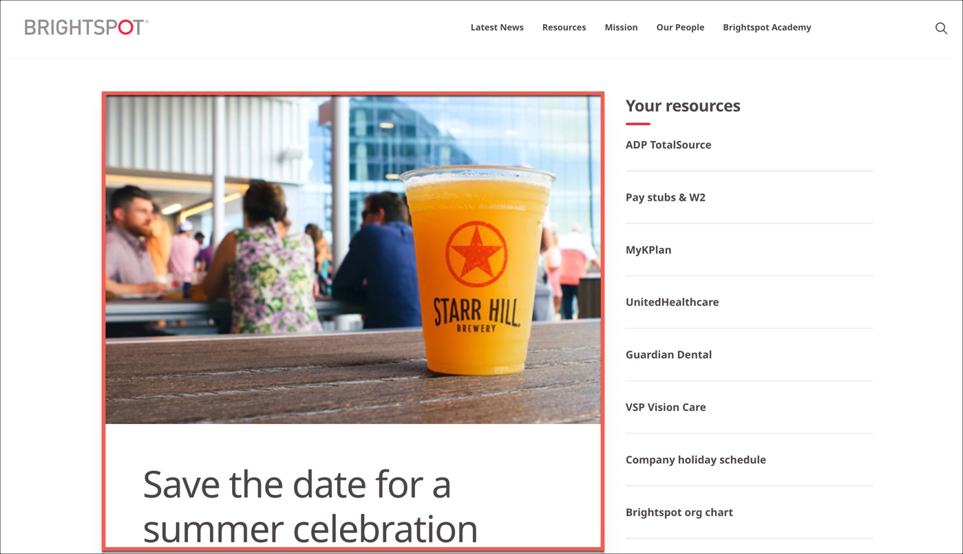 Promo module highlighted on the Brightspot Intranet page