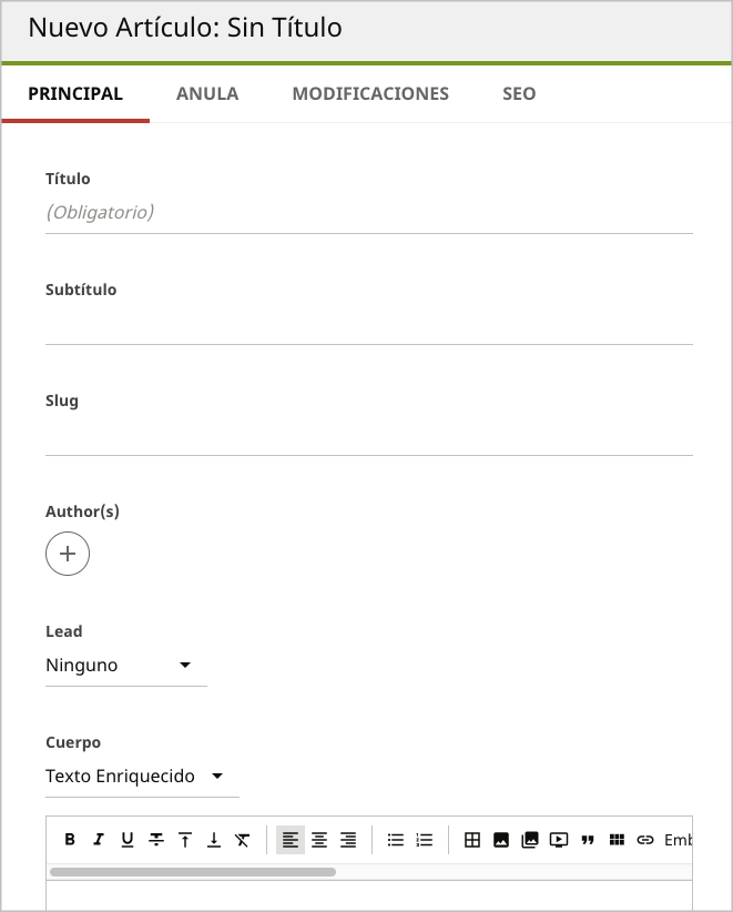 Localized Spanish content edit form