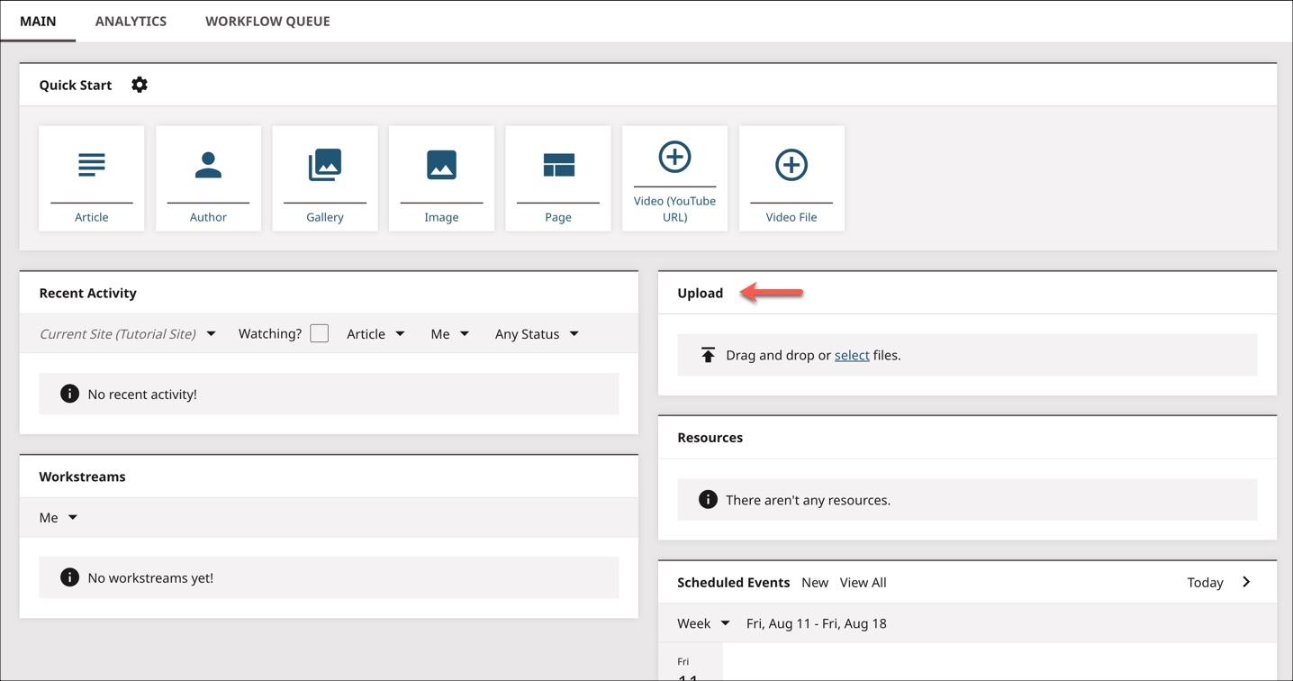 Upload widget on the dashboard