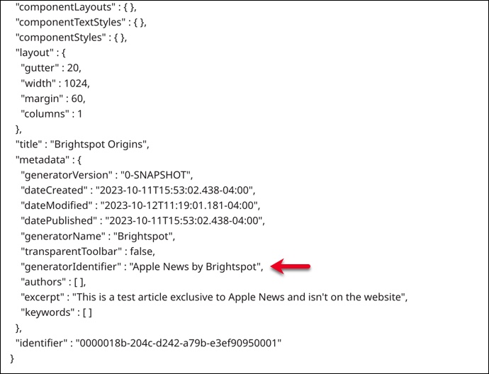 Viewing the generator identifier for an Apple News Article