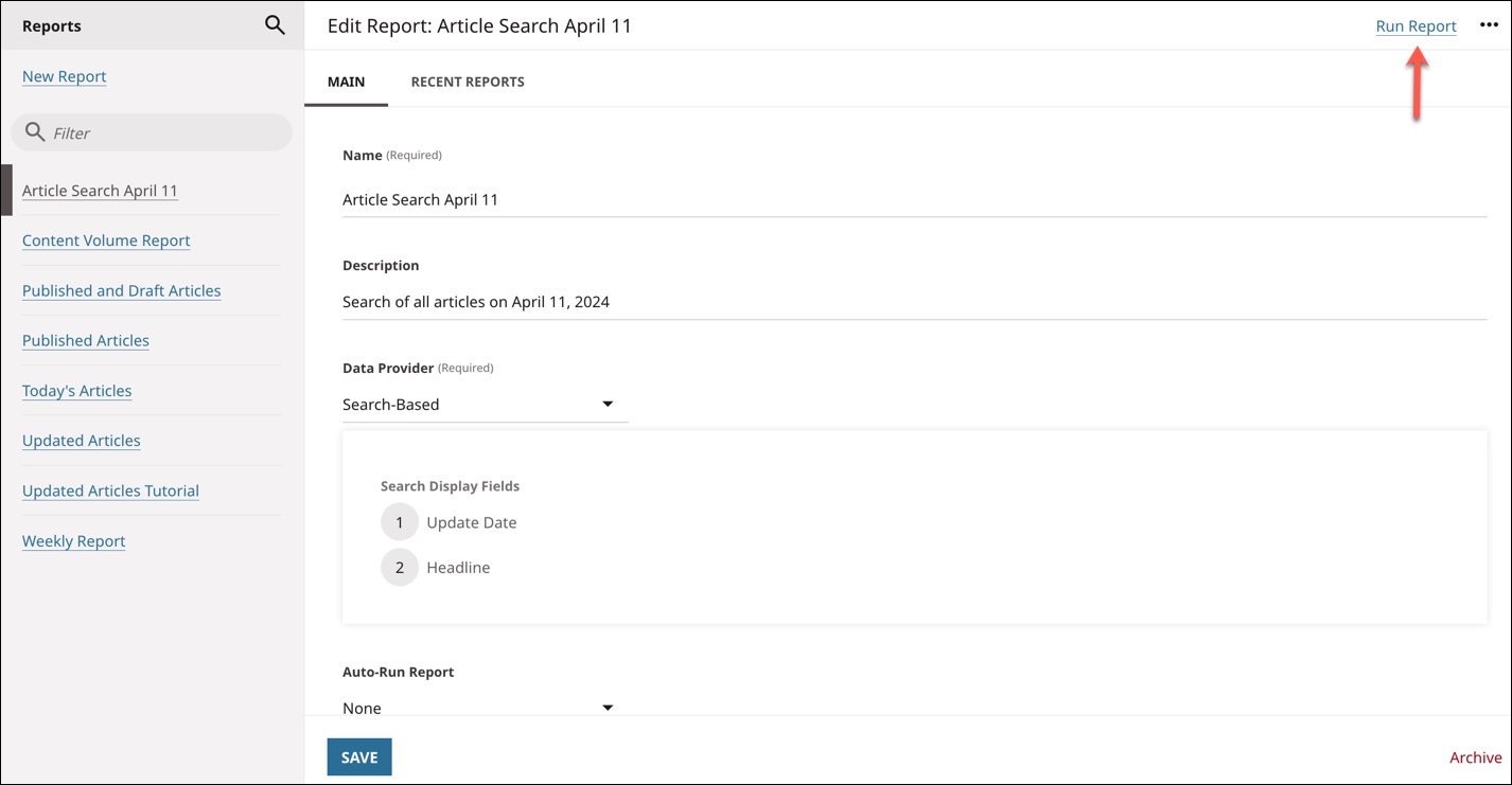 Run Report link on the Edit Report page
