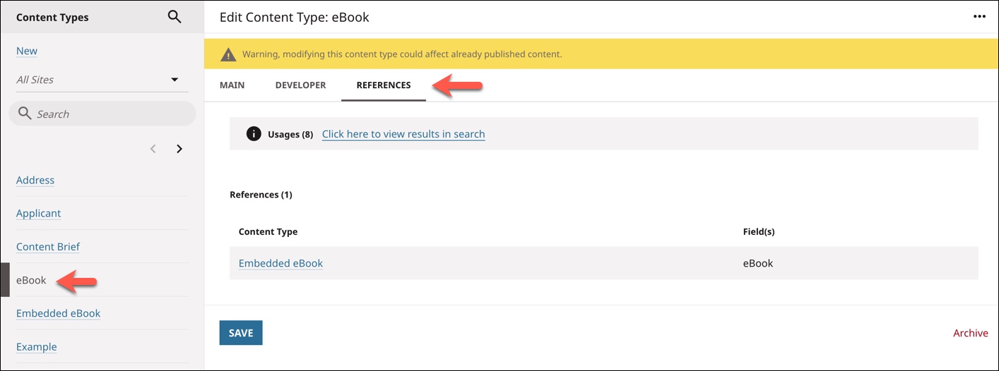 References tab for the selected editorial content type
