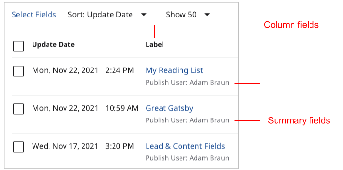 Search panel column summary fields
