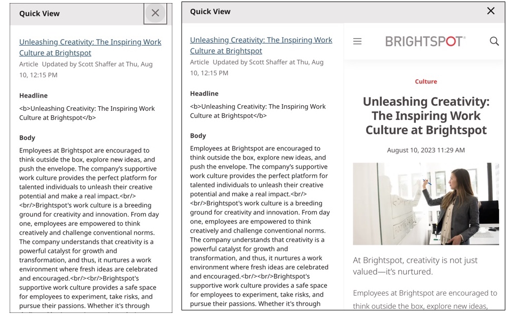 Quick View example with Preview off (left) and Preview on (right)