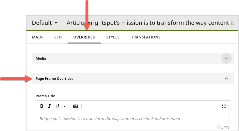 Overrides tab and Page Promo Overrides cluster