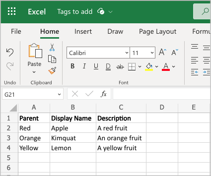 Sample spreadsheet for importing tags from Excel
