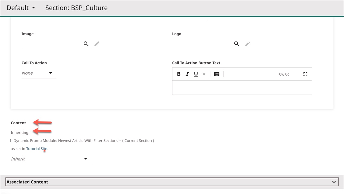 Content field showing inherited content information