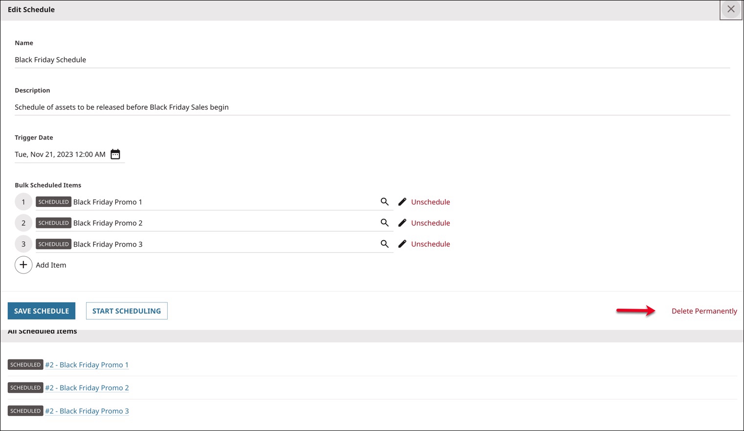 Delete Permanently link on the Edit Schedule pop-up