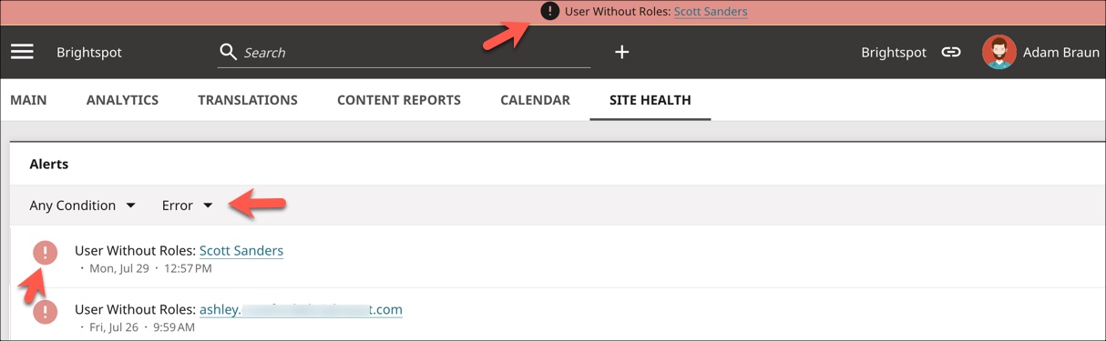 Error display in banner and Alerts widget