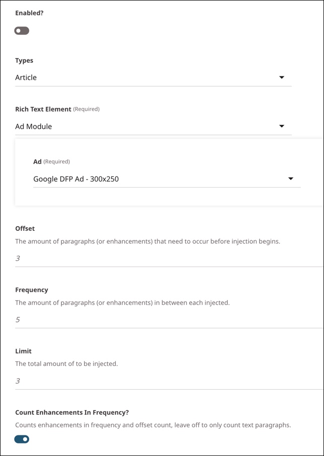 New rich text injector profile set to the Article content type