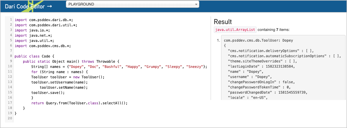 Dari Code Editor returning Query API results