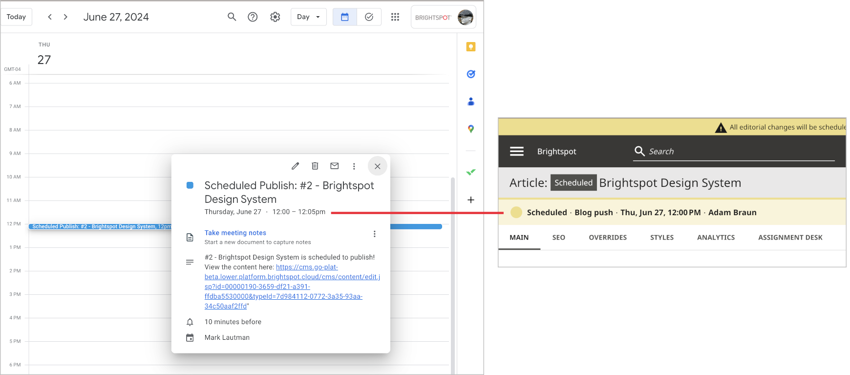 Brightspot even synchronized in a Google calendar