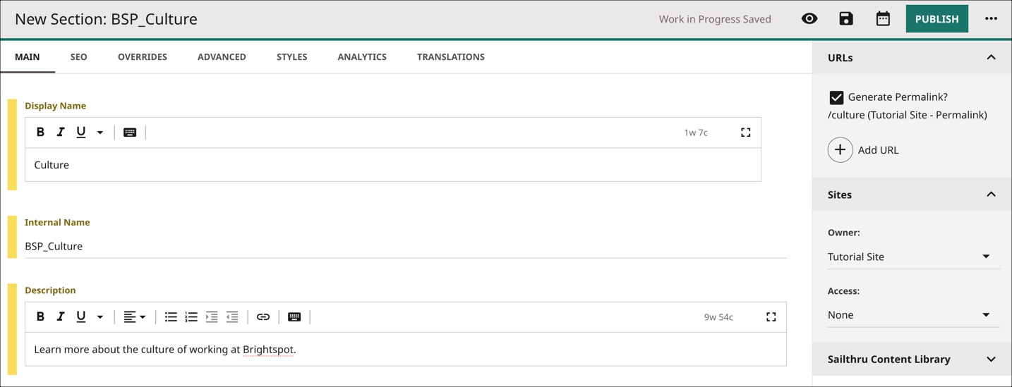 Creating a section