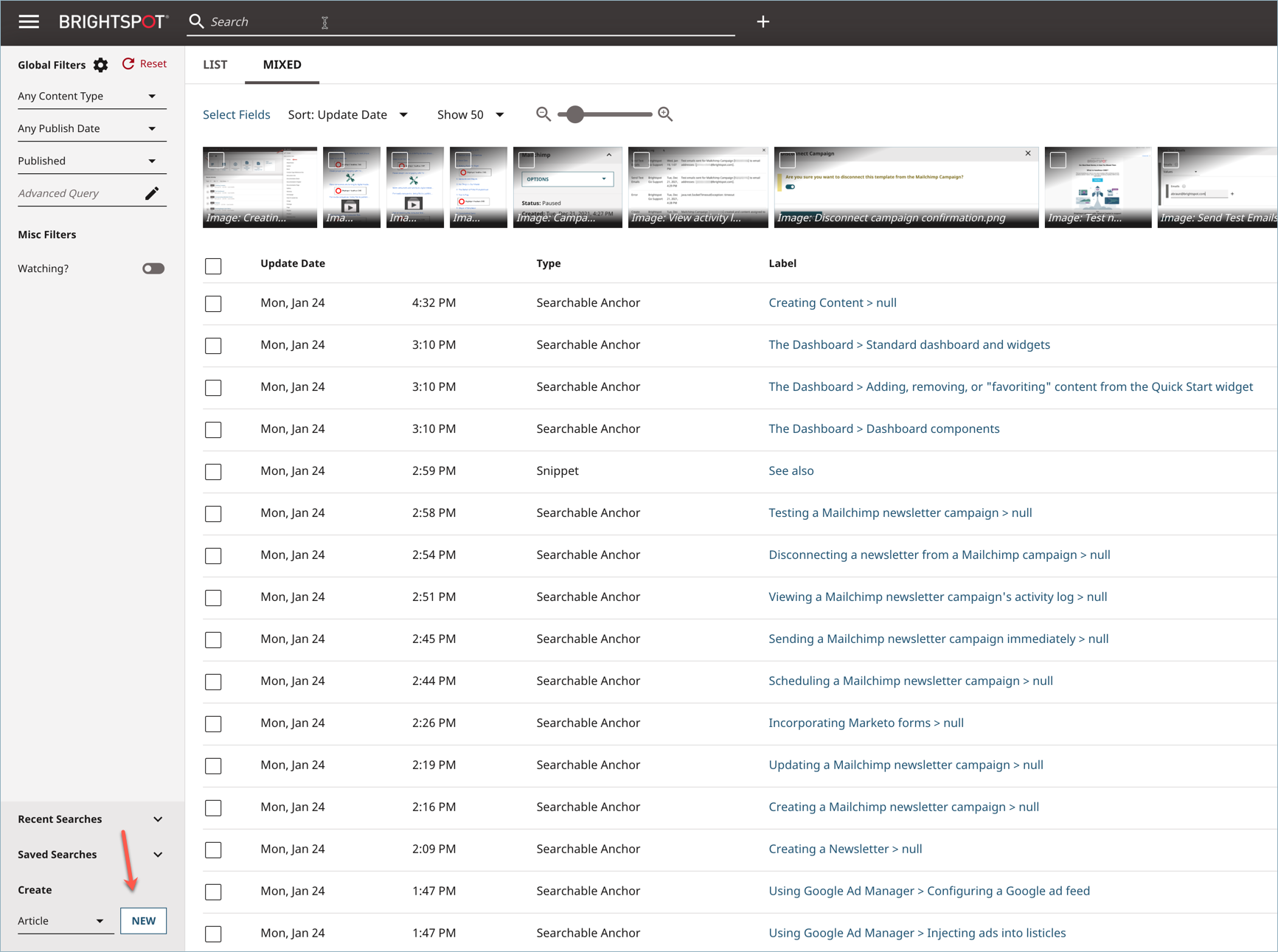 Create an asset from the search results page