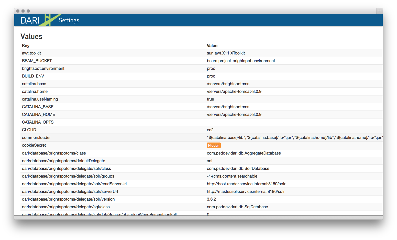 Settings section of the debug tool