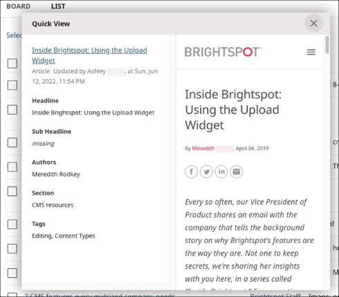 Quick View of an article with Preview enabled