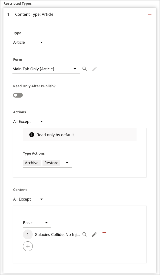 Limit access to actions by content type