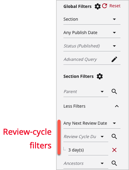 Review-cycle filters in search panel