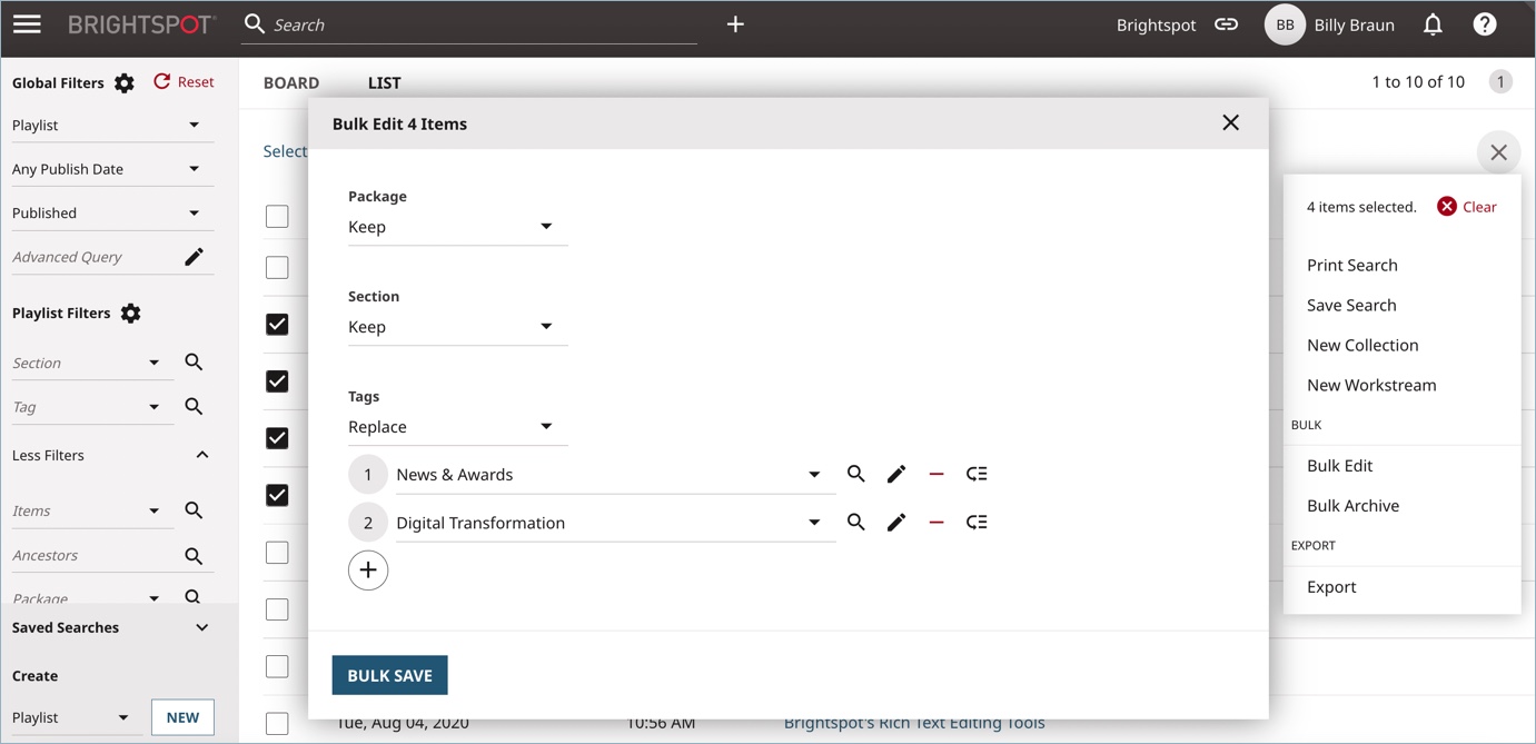Bulk editing tags on four assets