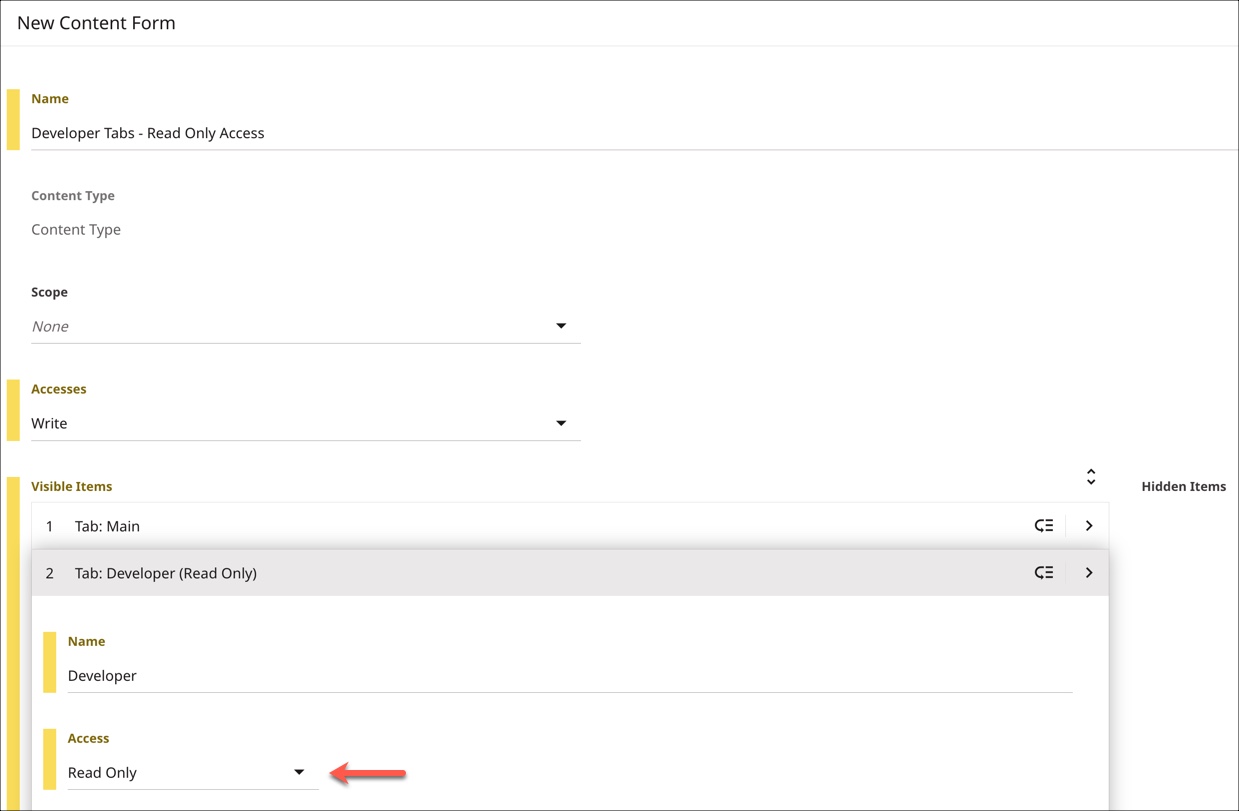 Custom form with Read Only access on Developers tab.