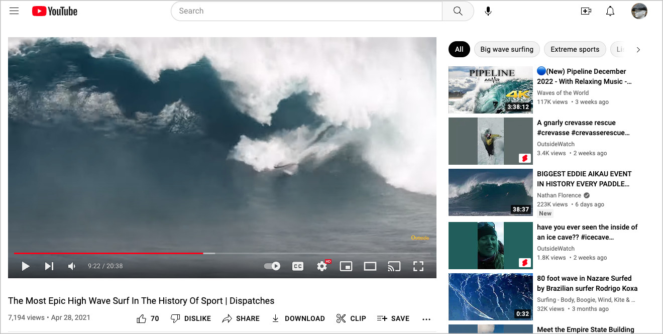 Full rendering of web page on YouTube