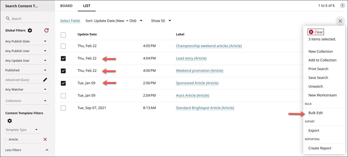 Select content templates and click Bulk Edit