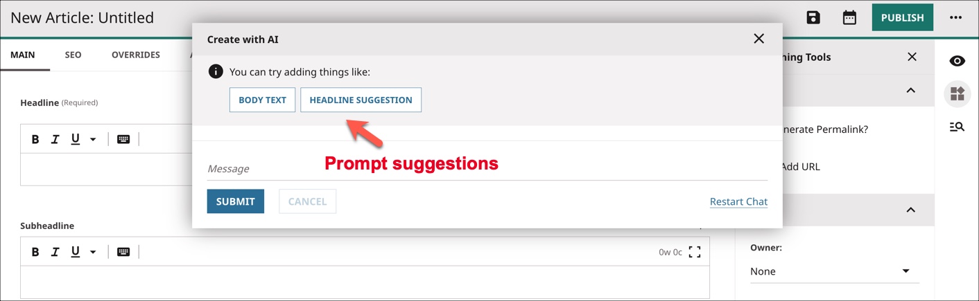 Prompt suggestions in Create with AI window