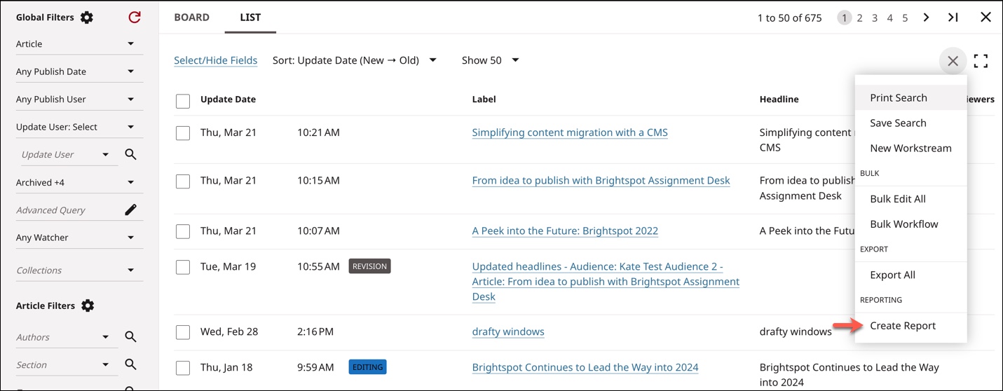 Create Report link from search results