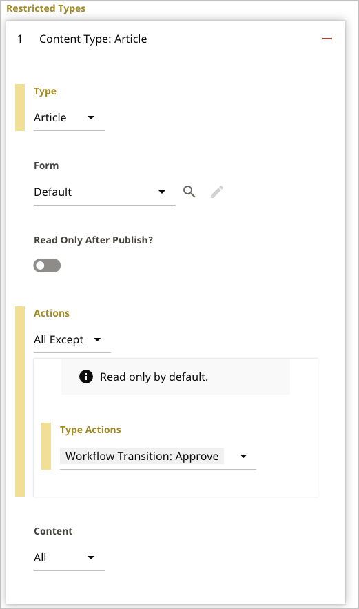 Restrictions on content type-transitions for a role